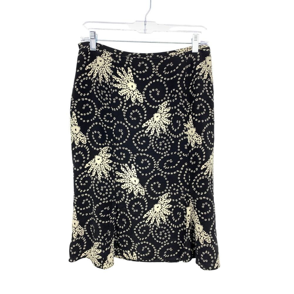 Vintage LOFT Skirt Womens Size 8 100% Silk Black Cream Floral Print